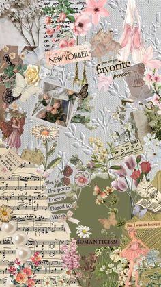 a collage with many different types of flowers and music notes on it's side