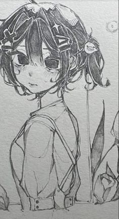 a drawing of a girl with flowers in her hair and an umbrella behind her head