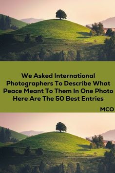 two green hills with trees on top and the words we asked international photographers to describe what peace meant to them in one photo here are the 50 best entries