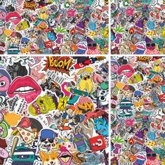 two pictures of different stickers on the same wall, one with an image of cartoon characters