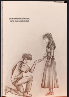 a drawing of a man kneeling down next to a woman who is touching her hand