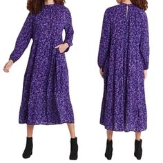 A New Day Womens M Peasant Dress Shirred Mock Neck Purple Floral Nwot Grge46#003 Casual Midi-length Peasant Dress With Smocked Back, Purple Peasant Dress, Spring Midi-length Peasant Dress With Smocked Back, Artisan Nickel-free Purple Jewelry, Peasant Dress, A New Day, Purple Floral, Mock Neck, New Day