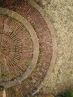 an overhead view of a brick walkway with grass growing on the ground and dirt around it