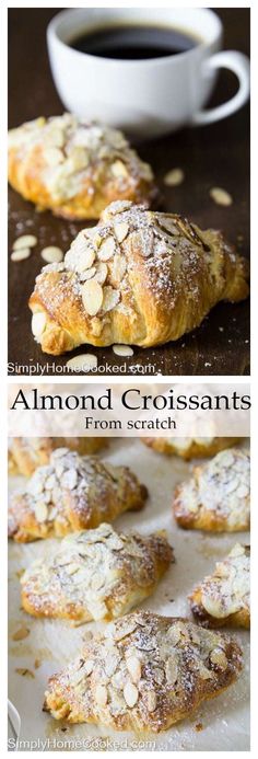 almond croissants on a baking sheet with coffee in the background