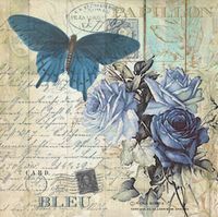 a blue butterfly sitting on top of a flower next to a piece of paper with writing