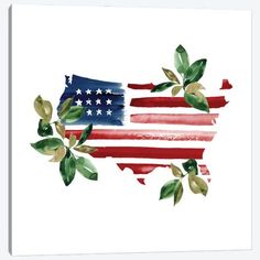 an american flag painted on the map of the united states with leaves growing out of it