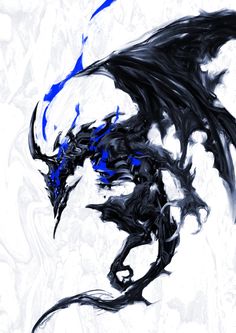 a black dragon with blue eyes on it's head and tail, standing in front of a white background