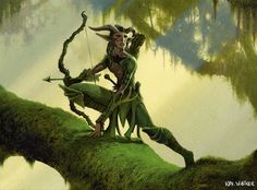 a painting of an elf holding a bow and arrow on top of a mossy tree