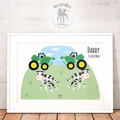 an art print with two cows in front of a green field and the words,'ar