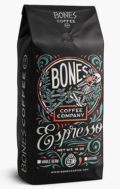 a bag of coffee that is sitting on a white surface, with the word bone coffee written