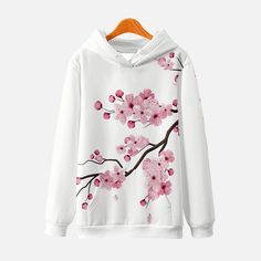 White Long Sleeve Sweatshirt For Spring, Spring Streetwear Sweatshirt, Pink Sweatshirt For Spring Streetwear, Pink Floral Print Casual Sweatshirt, Pink Casual Sweatshirt With Floral Print, Casual Pink Floral Print Sweatshirt, White Hooded Sweatshirt For Spring, White Hooded Spring Sweatshirt, Spring White Hooded Sweatshirt