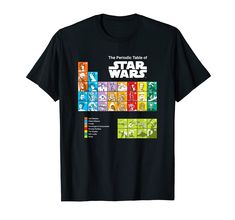 a star wars t - shirt with the characters in different colors and font on it