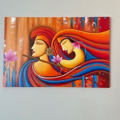 a painting on the wall of a woman with long red hair holding a flower in her hand