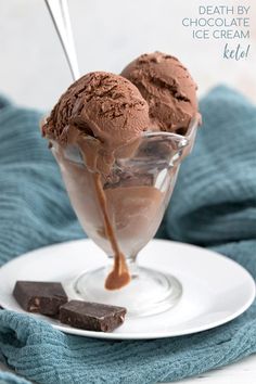 two scoops of chocolate ice cream on a white plate