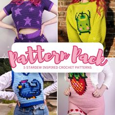 four different crochet patterns with the words pattern pack