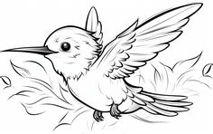 a black and white drawing of a bird with its wings spread out in the air