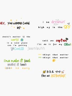 the words are written in different colors and font styles on a white background with black writing