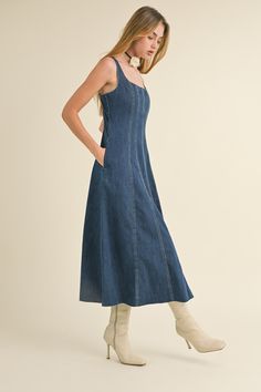 Slip into style with the Hannah Denim Dress. This playful panned design features pockets, making it both stylish and practical. Perfect for any occasion, this long dress will have you turning heads and staying organized with ease. 80% Cotton 15% Poly 5% Viscose Cute Long Dress, Denim Long Dress, Denim Dress Outfit, Long Denim Dress, Denim Clothes, Scissor Cut, Denim Midi Dress, Jean Dress, Sweater Blouse