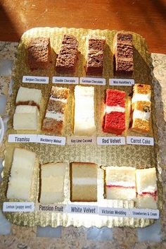 there are many different types of cakes on the trays that you can see here