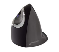 a computer mouse sitting on top of a black and gray stand with the word evolution written on it