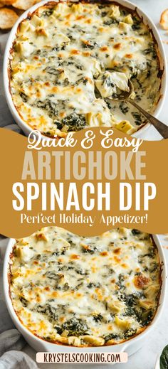 an artichoke spinach dip in a white casserole dish with text overlay