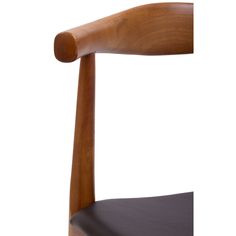 a close up of a wooden chair with a black seat pad on the back of it