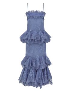 The Eden Lace Handkerchief Dress in Dusty Blue from our Fall 2024 Collection, In Illustration. A lace midi dress featuring a velvet trim top edge, lace trim with crystal detail throughout and hanky style tiers. How To Style A Maxi Dress, Dusty Blue Dress, Latest Designer Dresses, Lace Handkerchief, Garment Care Labels, Cocktail Formal, Handkerchief Dress, Formal Cocktail Dress, Dresses Cocktail