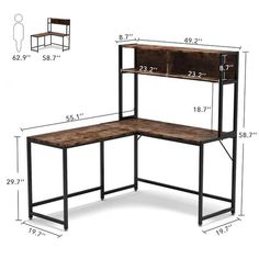 the corner desk has two shelves and is shown with measurements for each shelf on it