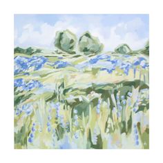 an oil painting of blue flowers in a field