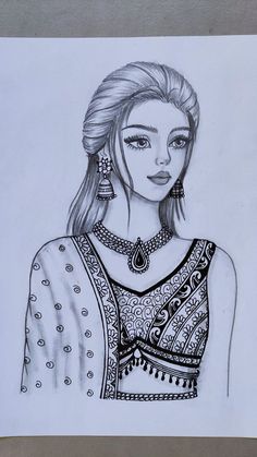 a drawing of a woman with long hair wearing a necklace and earrings on her neck