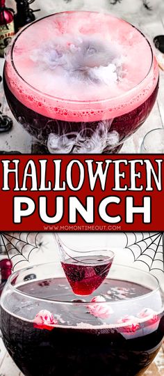 halloween punch in a wine glass with spider web on the bottom and red liquid inside