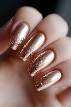 Add some sparkle with copper nails and bronze flakes! This shiny and fun look is perfect for fall. Check out our blog on Top 10 Nail Trends for 2024. Nails Easy | Trendy Fall Designs | Cool Nail Inspo | Sparkling Nail Art | Nails Classy | Elegant Nails | Nails Tips | Nails Simple | Nails Square Short | Nails Long | Nails Gel | Nails Basic | Minimalist Nails | Autumn Nails | Nails Inspo 2024 | Nails Trending Now 2024 | Nails Neutral | Made by AI Bronze Nails Designs, Simple Fall Nails, Fall Nail Trends, Green Nail Designs, Basic Nails, Blush Nails, Trends For 2024, Unique Acrylic Nails, Fall Nail Art