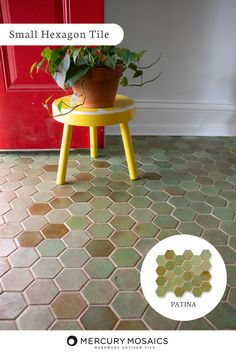 small hexagon tile with yellow stool and potted plant next to red door