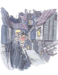 a drawing of a woman walking down a narrow alleyway with buildings in the background