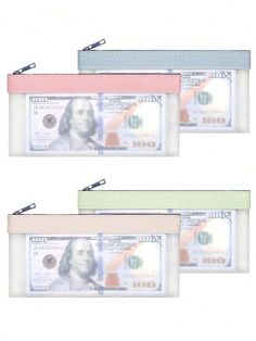 three different colored bills sitting next to each other