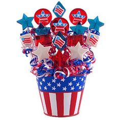 a patriotic bucket filled with red, white and blue decorations