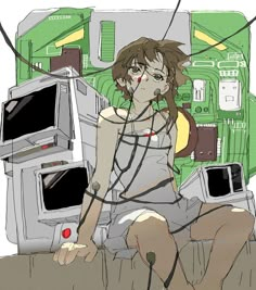 a woman sitting on top of a wall next to an old computer monitor with wires hanging from it