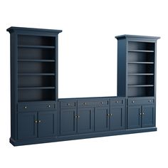 a blue bookcase with two open doors and three drawers on each side, in front of a white background