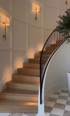 a plant is sitting on top of the stairs