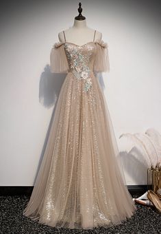 Champagne tulle sequins prom dress, evening dress Gaun Koktail, Lace Long Prom Dress, Long Party Dress, A Line Prom Dress, Gaun Fashion, Ball Gowns Evening, A Line Prom Dresses, Dress A Line, Dresses 2020