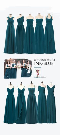 the bridesmaid's dresses are all different colors and styles, but one is green