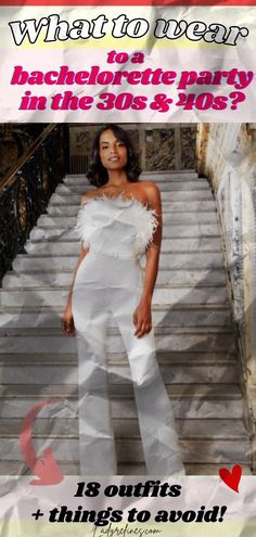 a woman in white is standing on some stairs