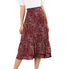 Featuring pretty ditsy floral prints, this midi skirt is a summer option that can be worn with just about anything. Channel elegant style in this midi skirt which is beautifully printed with a blossom pattern for a versatile look. It is made of lightweight fabric, adding definition to the free-flowing design. Falling to a waterfall midi hem, it sits high on the waist with a discreet side zip fastening. Summer days call for effortlessly feminine styles like skirts. Brunch Picnic, Skirt Chiffon, Red Outfits, Blossom Print, Printed Skirt, Floral Print Skirt, Midi Skirts, Flowy Skirt, Brown Floral