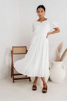 Midi dress in white Pleated Pattern, Gathered Bodice, Calf Length Dress, Rounded Neckline, Classic Beauty, Modest Dresses, Strappy Sandals, Formal Occasion, Stretchy Material