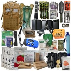 an assortment of items are displayed on a white background, including backpacks and camping gear