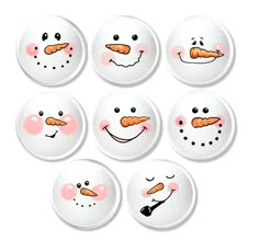 six snowmen with carrots on their faces are shown in this set of eight buttons