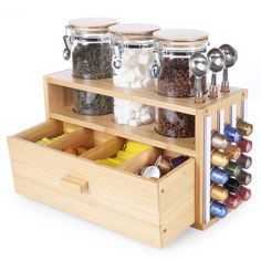 PRICES MAY VARY. 【Package Quantity 】: bamboo organizer (assemble) x 1 piece，glass Sealed jar x 3 piece , scoop x 3 piece , coffee pods holder strips x 8 piece. 【Glass sealed jar】:40 fluid ounce ( 1200 ml), Diameter: 3.94 inch, Height: 7.09 inch.The glass sealed jar can hold up 16 oz( 1 LB ) of coffee beans.the airtight bamboo lid have a silicone sealed ring keeping its contents fresher and longer. 【Multi Usages - jar】The Airtight glass jars are perfect for storing coffee beans,ground coffee,loos Coffee Bar Storage, Coffee Organizer, Glass Kitchen Canisters, Coffee Organization, Tea Bag Storage, Kitchen Counter Organization, Tea Organization, Coffee Pod Holder, Coffee Storage