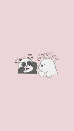 two polar bears laying next to each other on a pink background with hearts above them