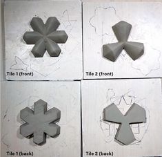 four pieces of metal are shown in the process of being cut and glued to look like flowers