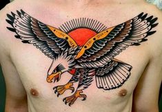 an eagle tattoo on the chest is shown in black and orange colors with gold accents